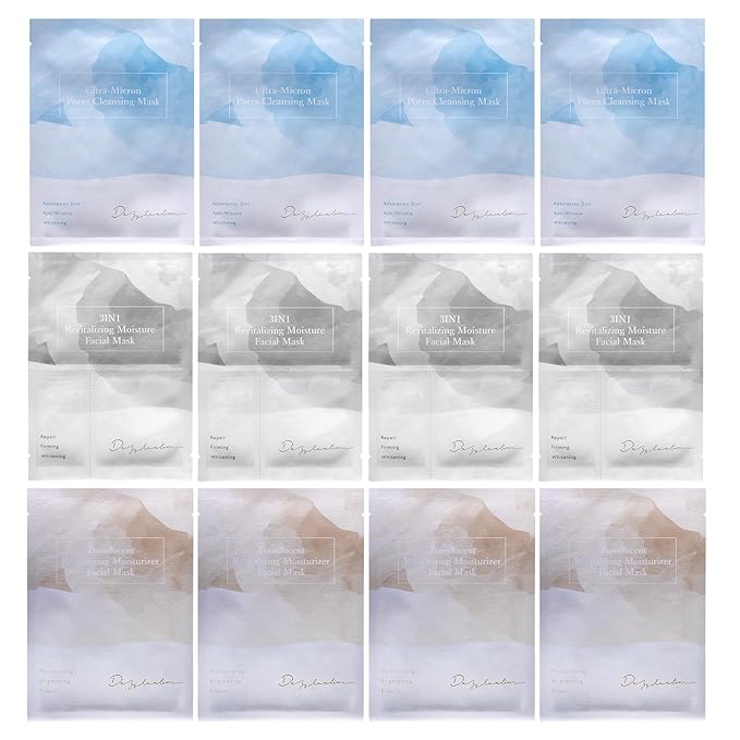 Dazzelslim Face Masks for Women & Men - 12 Facial Masks with Volcanic Mud, Hyaluronic Acid, Sea Buckthorn Oil, EGF & Tranexamic Acid for Cleanses, Hydrates & Brightens, Fragrance-Free, Made in Taiwan