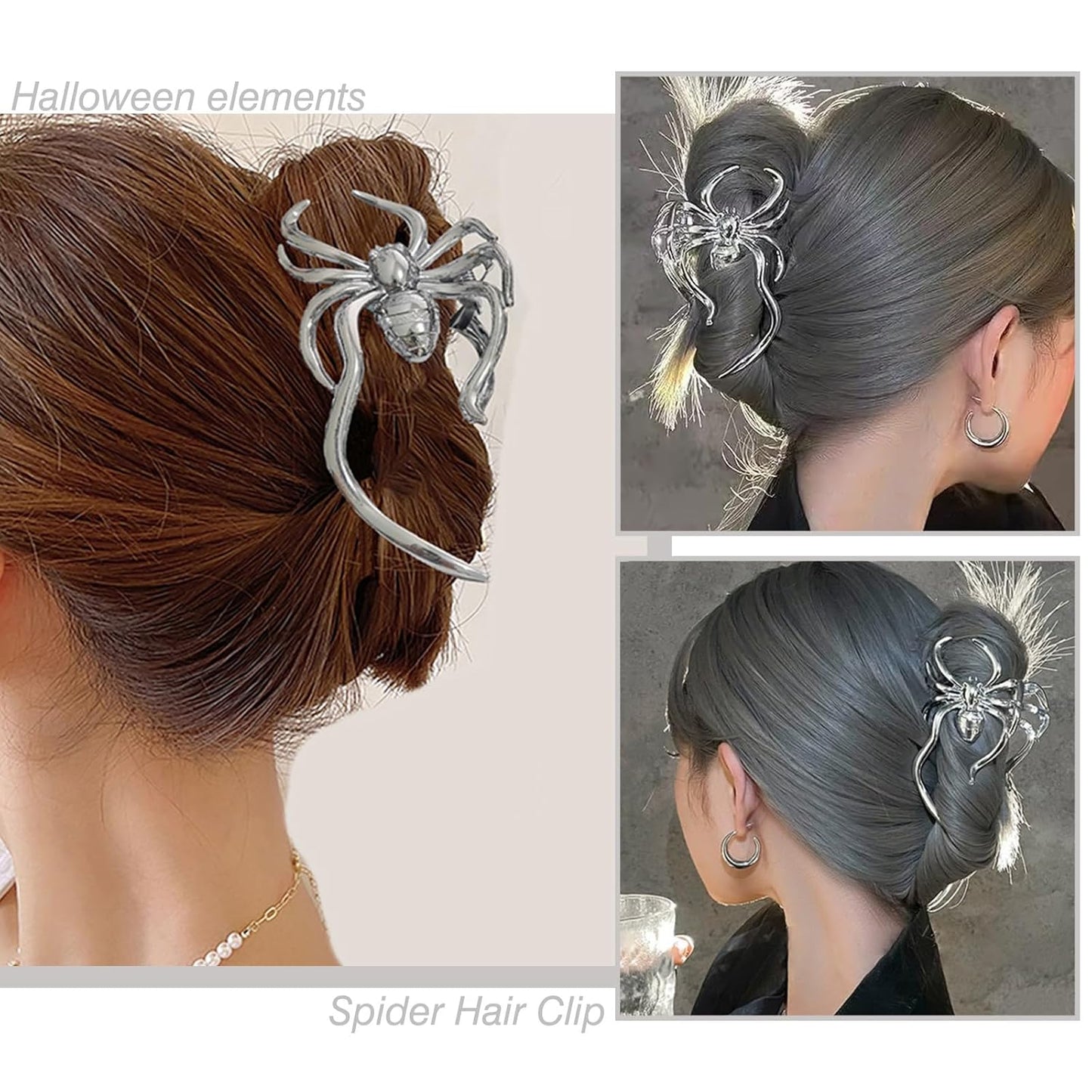 Halloween Spider Hair Claw Clips - Metal Silver Alloy Nonslip Terror Strong Hold Gothic Punk Spider Style 2