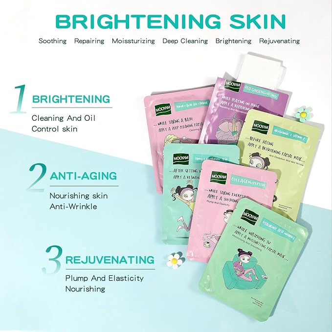 Face Masks Skincare Set for Girl,Moisturizing Collagen Facial Masks for Women Home Spa,Hyaluronic Acid Face Mask for All Skin Types,Day Night Facial Mask Hydrating,Deep Cleaning,Oil Contral(12Pack)