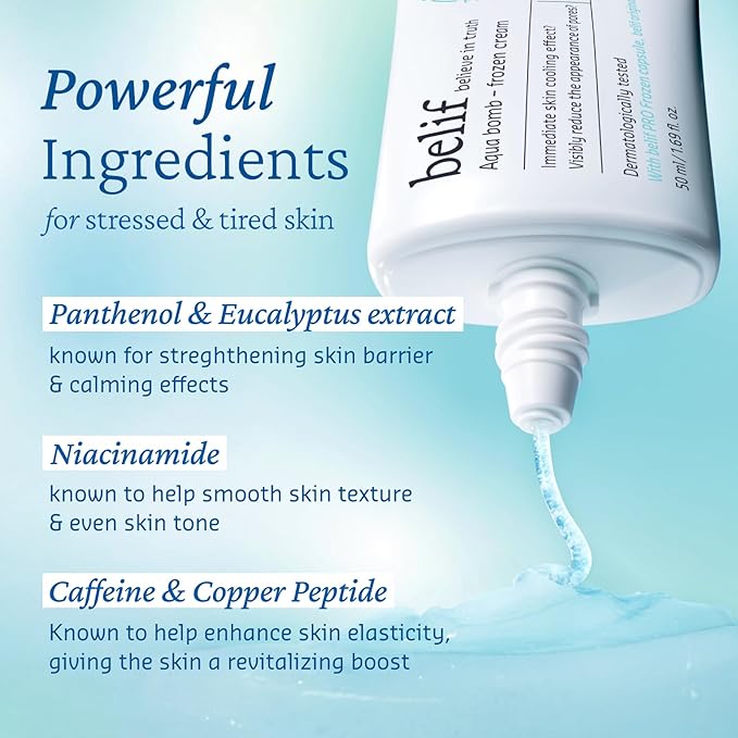 belif Aqua Bomb Cooling Relief Cream with Panthenol & Niacinamide – Daily Soothing & Hydrating Moisturizer, Depuff with Caffeine, Non-comedogenic, Lightweight Cream, Korean Skincare, 1.69 fl oz (50ml)