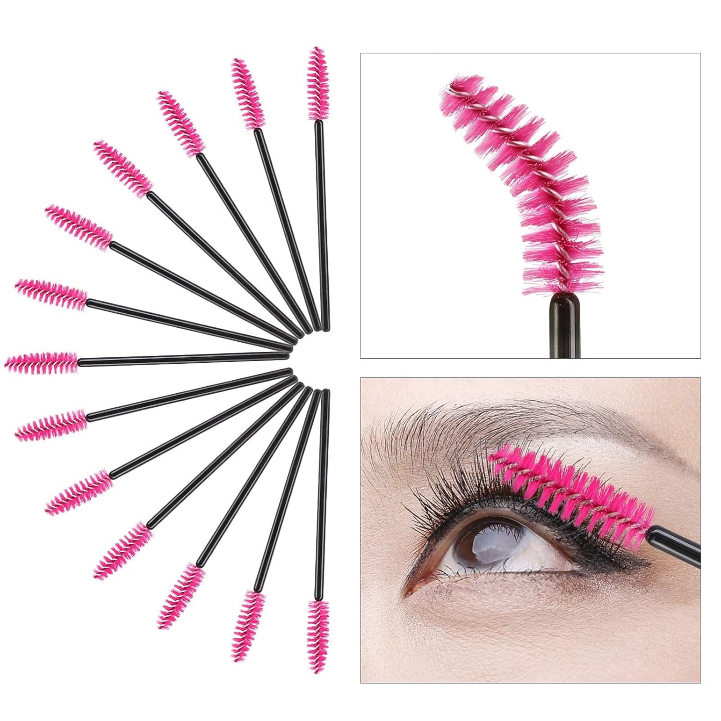 Tbestmax 400 Spoolies Mascara Wand and Lip Brush Disposable Lash Brushes for Eyelash Extensions, Lipstick Lip Gloss Wands Applicator Tool (Black+Hotpink)