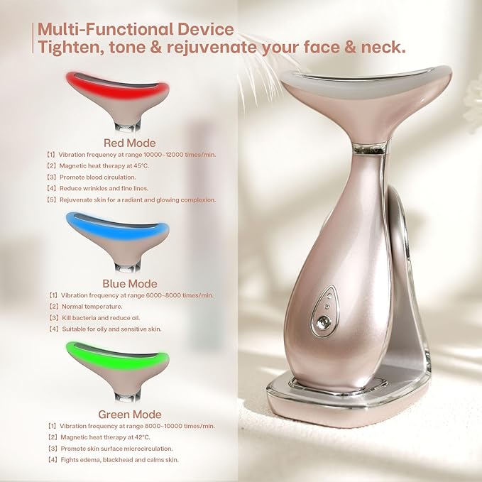 Lily Neck Face Massager, Skin Rejuvenation Beauty Massager, 3-in-1 at-Home Facial Spa Tool, Lifting, Toning and Tightening for a Radiant Appearance (Rose Gold)