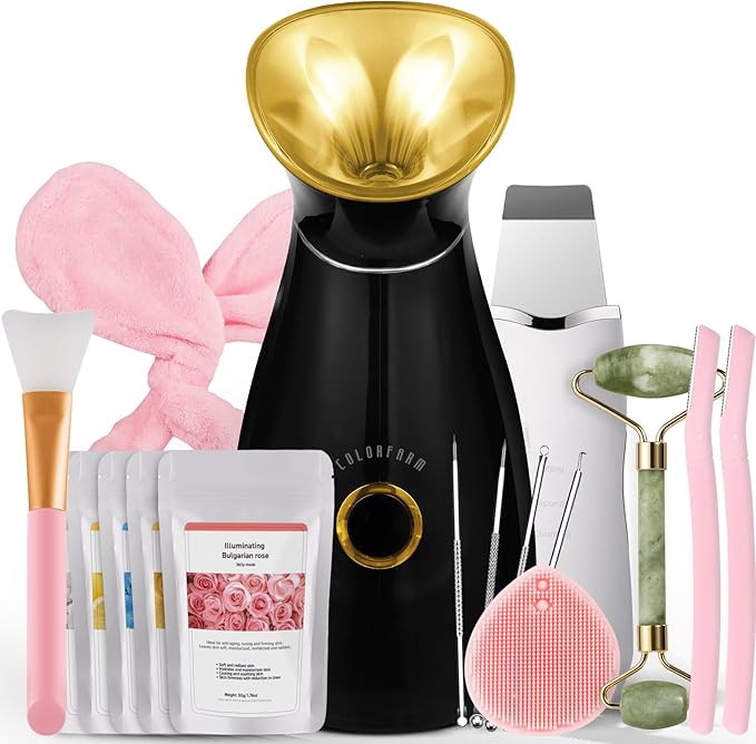 Colorfarm Facial Steamer Nano Ionic: Face Steamer Home Spa Kit Deep Cleaning Unclogs Pores Sinuses Inhaler with 8 Skin Care Tools - Relaxing Self Care Skincare Beauty Gifts for Women (Black Gold)