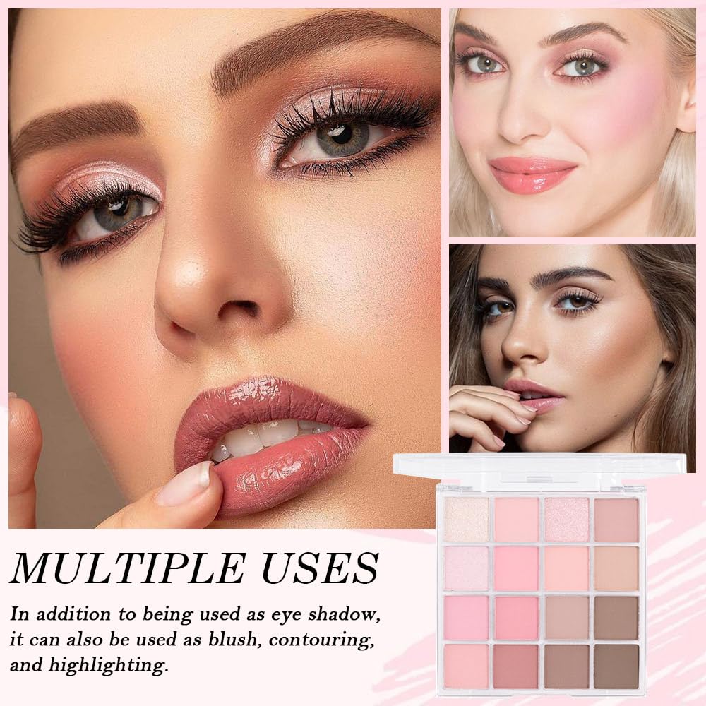16Color Matte Shimmer Eyeshadow Palette, Nude Brown Rose Gold Coffee White Pink Red Sparkly Eye Shadow Makeup, Warm Pastel Eyeshadows Long Lasting Waterproof Naturing-Looking Women Girls Eye Shadow