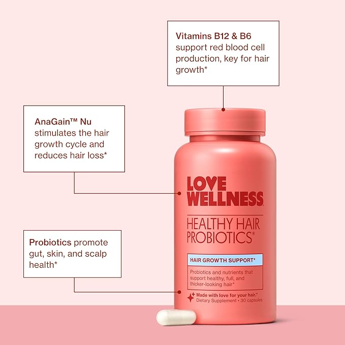 Love Wellness Healthy Hair Probiotics | Support Hair Growth with Biotin and Vitamin B12 & B6 | Supplement for Healthy Scalp & Thicker, Fuller Looking Hair | Safe & Effective | 30 Capsules