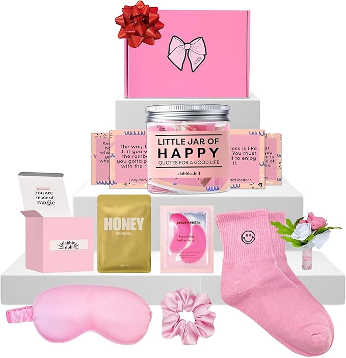 Happy Gift Set – Spa Pamper Kit, Smile Socks, Motivational Gift Box with Uplifting Quotes, Silly Sleep Mask | Self-Care Gift Box for Women, Mother's Day (Premium Gift Set)
