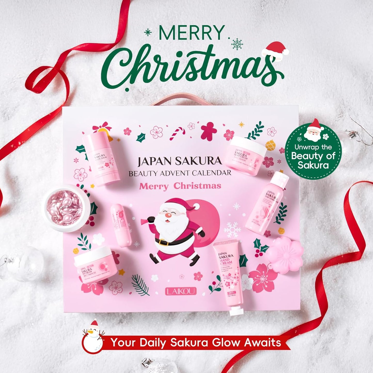 LAIKOU Japan Sakura Beauty Advent Calendar 2025, Christmas Gifts for Women, Skin Care Set, Bath Body Gift Set, New Year Skincare Beauty Gift Baskets, 24pcs Surprise Gift Box for Women and Girls