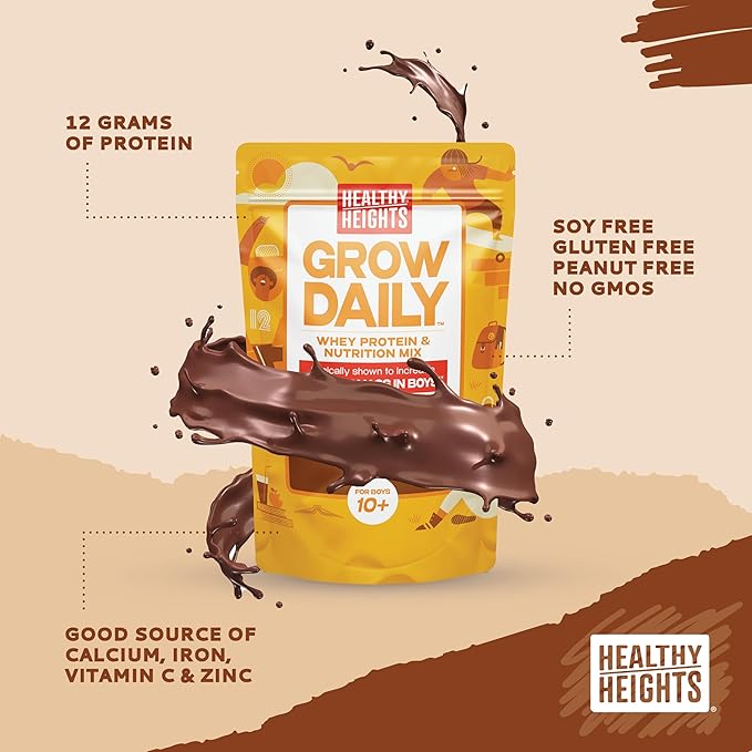 Healthy Heights Grow Daily Kids Protein Drink Mix (Chocolate) - High Protein Shake for Boys 10+
