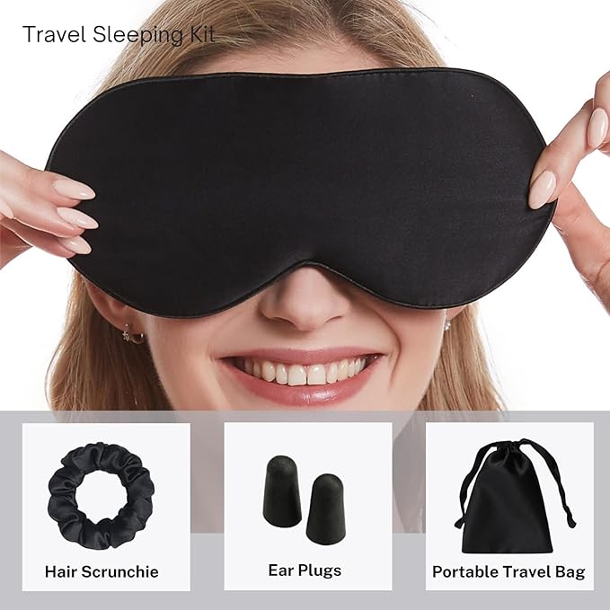 Silk Satin Sleeping Eye Mask, Black Sleep Eye Mask Night Blindfold for Women and Men, Soft Breathable Blackout Eyeshade Eye Cover for Travel, Wedding Bridesmaid Gift