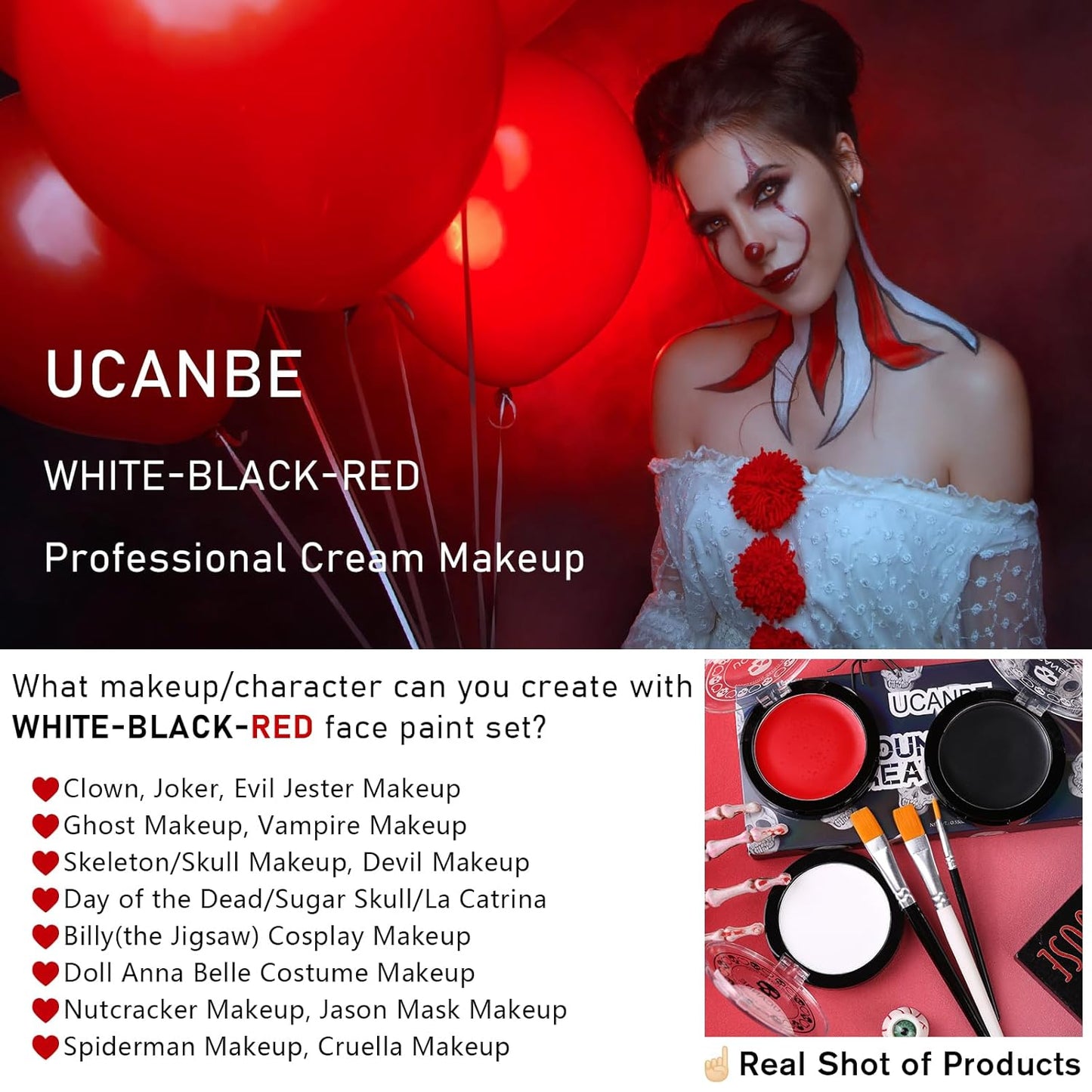 Goth White Foundation + Black Red Face Body Paint for Halloween Makeup, Face Painting Kit with Brushes Facepaint Set for Kids Adults Clown Vampire Skull SFX Make Up Costume Cosplay Party Theater Stage