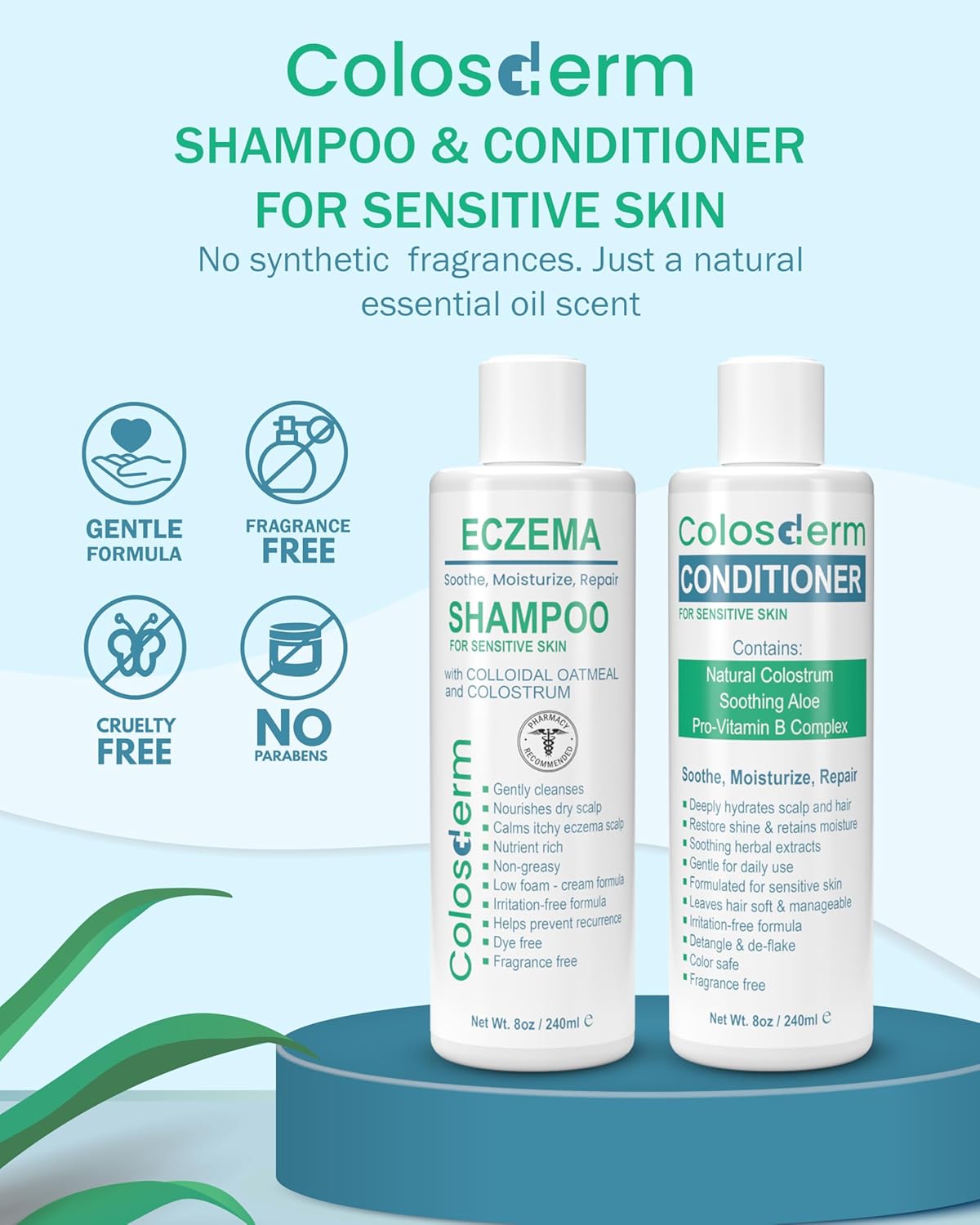 Eczema Cream Shampoo and Conditioner Scalp Treatment for Sensitive Skin for Kids & Adults- Colostrum & Colloidal Oatmeal -Itchy Scalp Anti Dandruff Shampoo for Women & Men, 16 fl oz, Made in USA