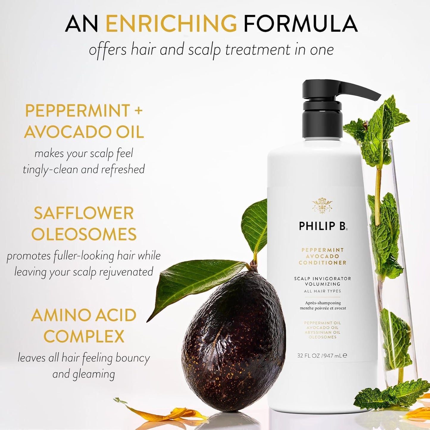 PHILIP B Peppermint Avocado Conditioner, 32 fl. oz. (947 ml) - Adds Volume to Hair While Peppermint Oil and Eucalyptus Invigorates the Scalp With a Tingly Sensation