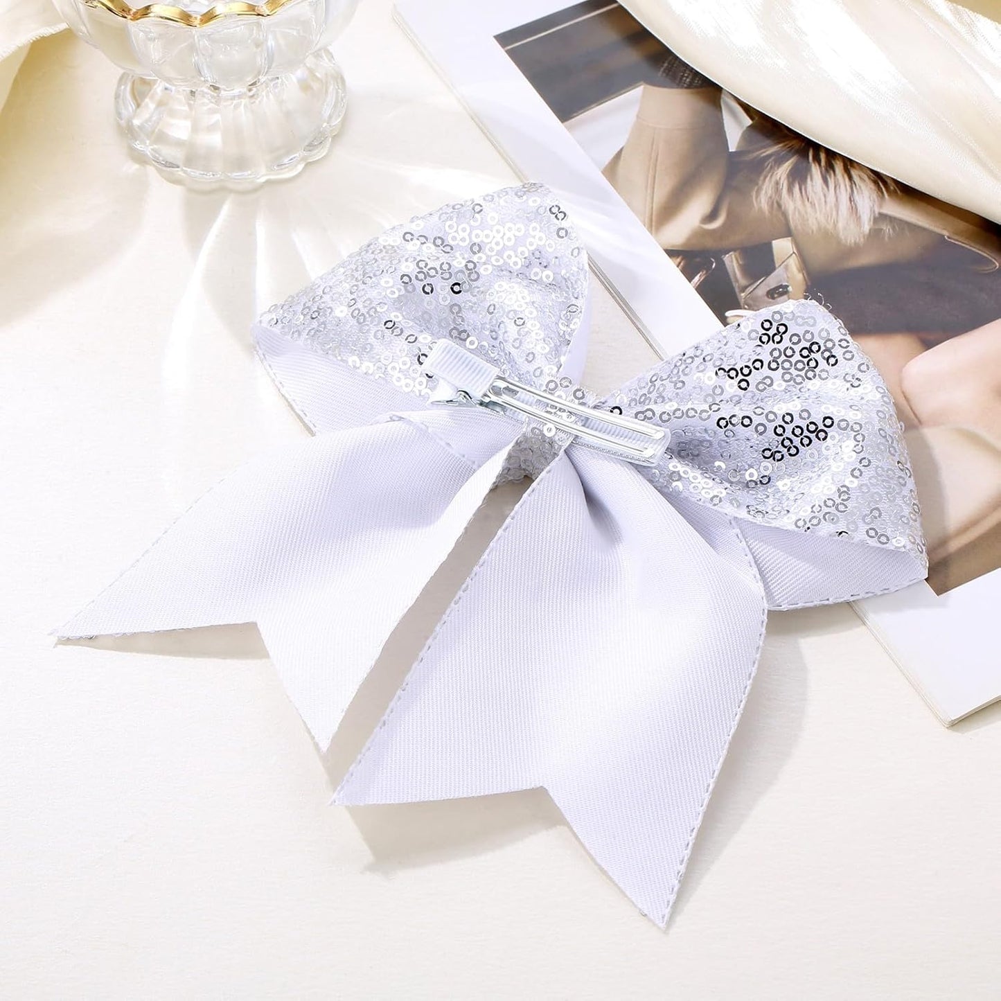 Large Glitter Cheer Bows Clips, Jumbo Big 7 Inch Cheerleading Sequin Hair Bow Hair Accessories for Teens Girls Football Sports Cheerleader Outfit Uniform (Sliver)
