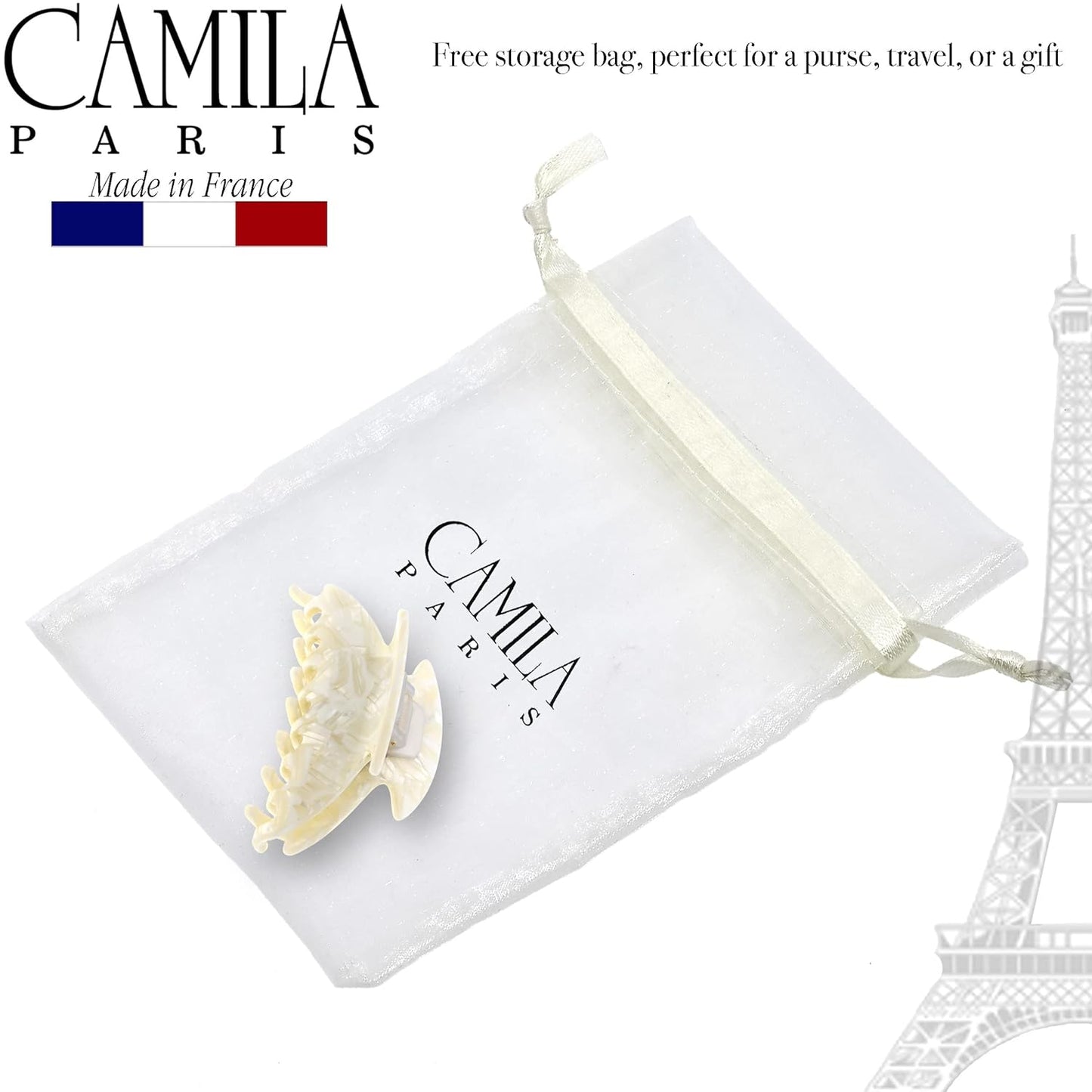 Camila Paris CP3266 French Hair Clip for Women, Small 2.75 inch Handmade, White, Girls Hair Claw Clips Jaw Fashion Durable Styling Hair Accessories for Women, Strong Hold No Slip Grip. Made in France