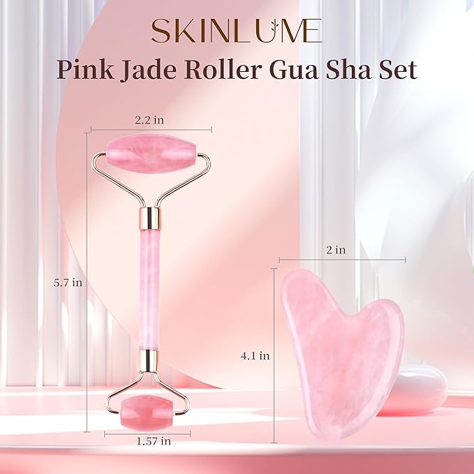 Jade Roller Gua Sha Facial Tool - for Face Neck Eye Jawline, Reduce Puffiness and Tension, Gift Set for Men Woman 100% Natural Jade Stone (Pink)
