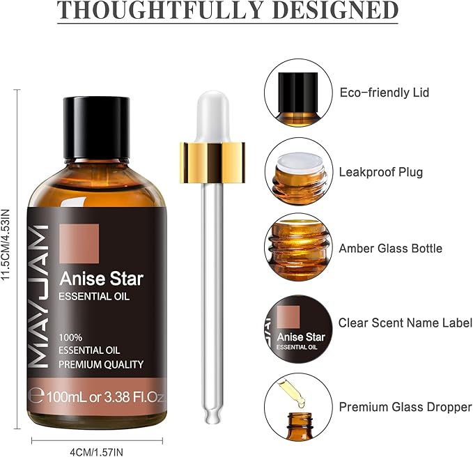 Anise Star Essential Oil, MAYJAM Pure Anise Star Oils for Diffusers, 3.38FL.OZ/100ML Star Anise Essential Oil with Premium Glass Dropper, Anise Oil