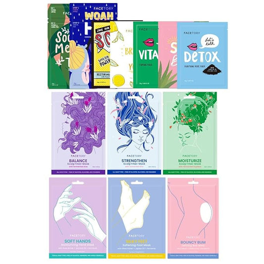 FACETORY Deluxe Self-Care Mask Bundle with 3 Nourishing Hair Masks, 7 Hydrating Face Sheet Masks, and 3 Softening Body Masks for Dry, Cracked Skin