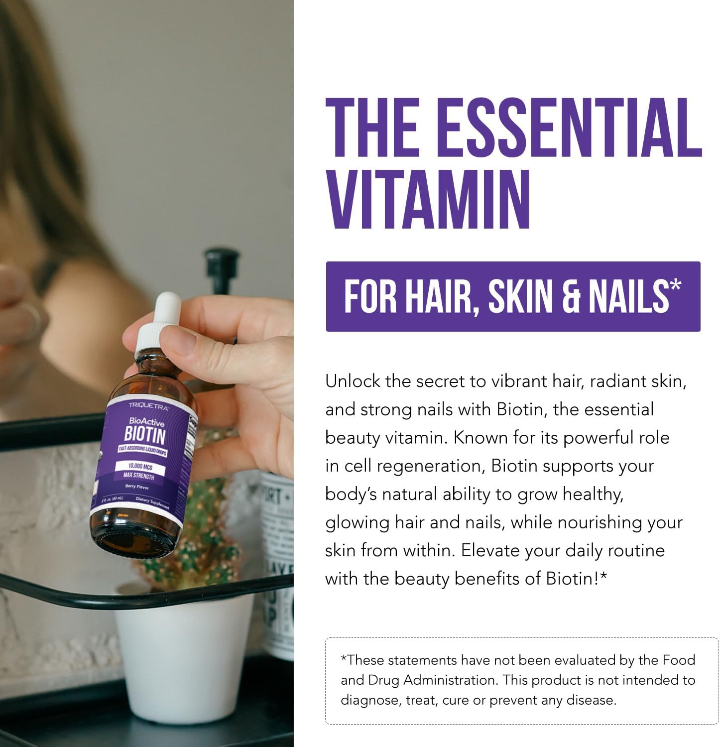 Triquetra Health Biotin Hair Support for Women – Organic 10000mcg USP Grade – Premium Liquid Supplement for High Absorption – Supports Healthy Hair, Skin & Nails – Berry Flavor – 180 Servings – 2 oz