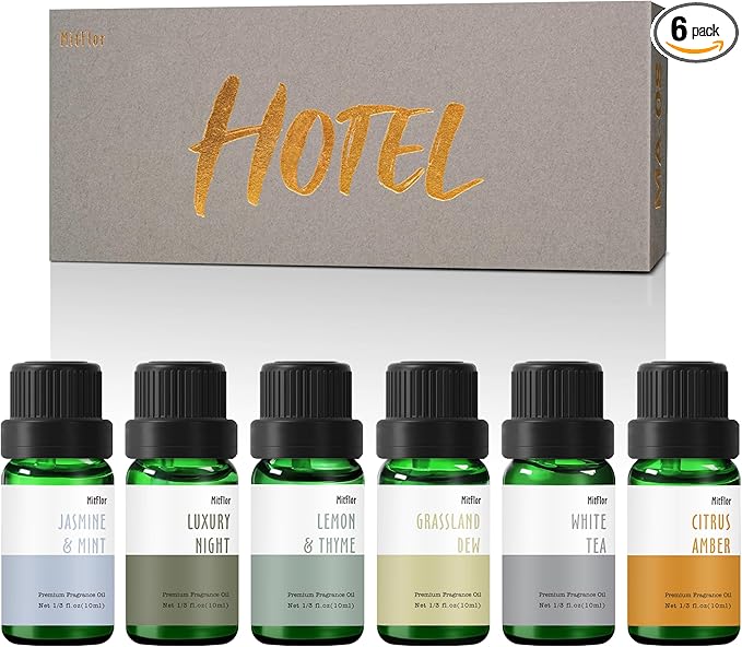 Fragrance Oils, MitFlor Hotel Collection Diffuser Oil for Home, Soap & Candle Making Scents, Aromatherapy Essential Oils Set 6x10ml, Lemon & Thyme, Citrus Amber, White Tea and More