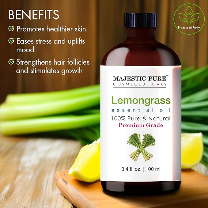 MAJESTIC PURE Lemongrass Essential Oil with Glass Dropper | 100% Pure and Natural Lemongrass Oil | Premium Grade Essential Oils for Diffusers, Skin, Aromatherapy, Massage | 3.4 Fl Oz