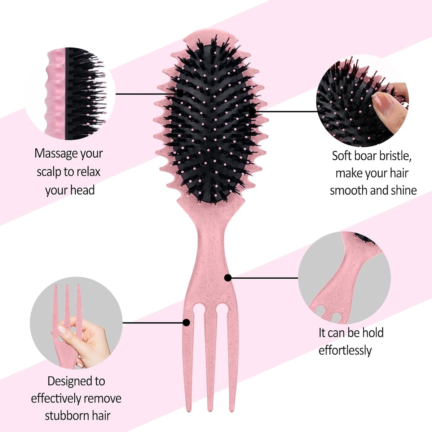 Curly Hair Boar Bristle Curl Defining Brush for Curl Wave Straight Hair, Unique Trident Handle Design Defineing Brush for Wet Dry Hairs, Styling Massage Hairbrush Hairs Pick Comb Edge Comb Pink