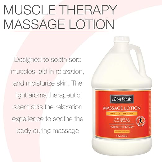 Bon Vital' Muscle Therapy Massage Lotion with Dwarf Pine Oil and Essential Oils for a Massage, Aids in Muscle Recovery Through IASTM and Graston, 1 Gal, Label may Vary
