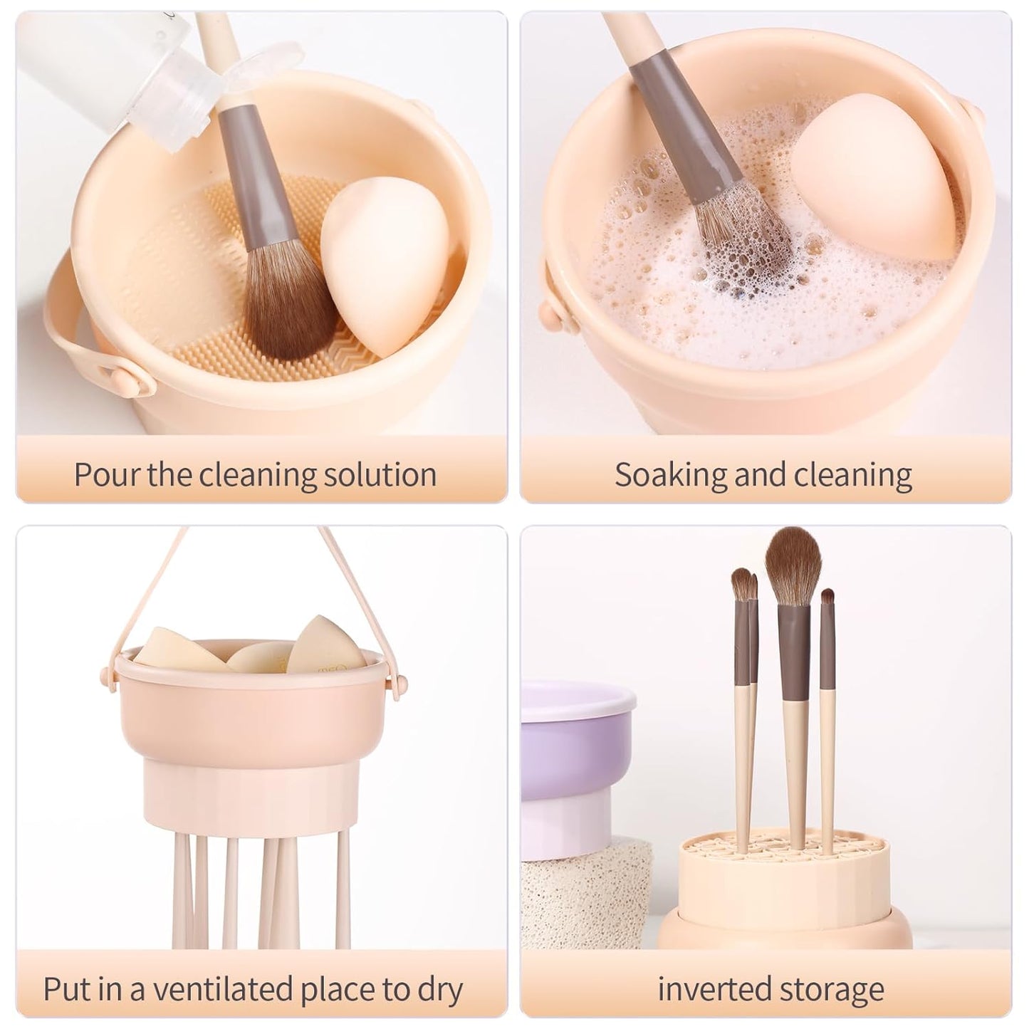 Makeup Brush Cleaning Mat, MSQ 3 In 1 Silicone Makeup Brush Cleaner Bowl with Brush Drying Holder, Makeup Scrubber for Makeup Brushes, Makeup Sponge, Powder Puff (Orange)