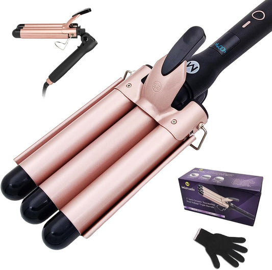 3 Barrel Curling Iron, 1 Inch Ceramic Tourmaline Hair Waver Wand with LCD Temperature Display, Fast Heating Foldable Crimpers for Travel Glove Included (Gold)