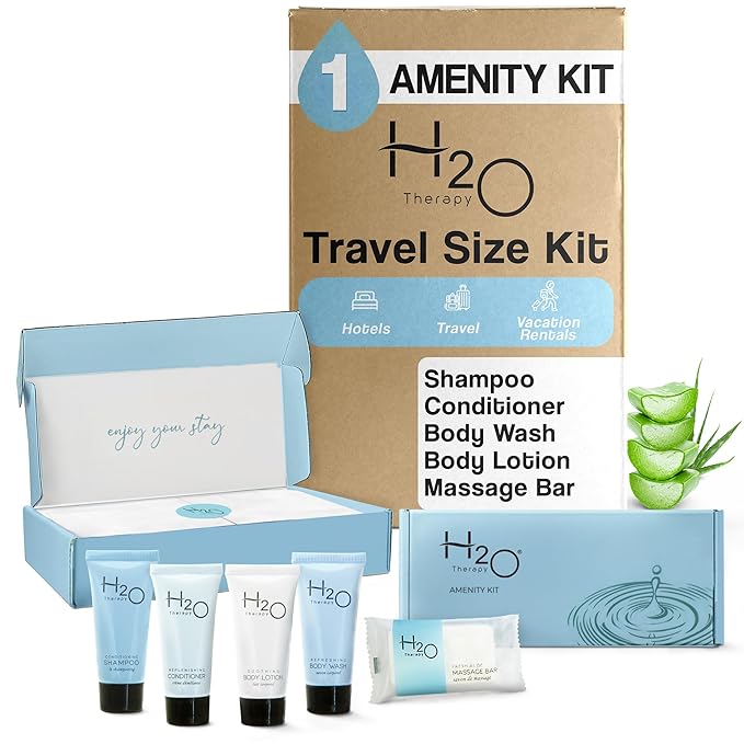 H2O Therapy Amenity Kit | Hotel Bulk Toiletries | 0.85 oz Shampoo, Conditioner, Lotion, Body Wash, Body Bar Soap for Guest Hospitality Vacation Rentals | 1 Set/Case