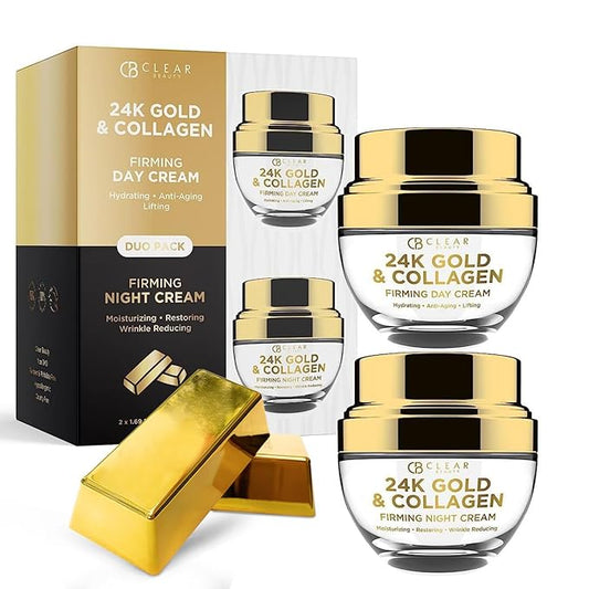 24K Gold & Collagen Day/Night Moisturizer Set - Dermatologist Tested, Hydrating, Anti-Aging Cream, Natural Ingredients, Cruelty Free Korean Skin Care, All Skin Types - Value Pack