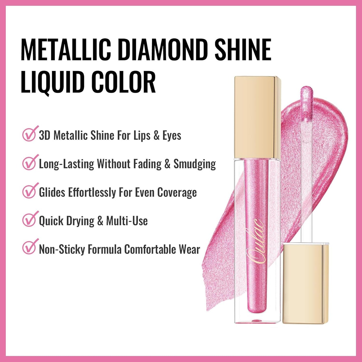 Oulac Pink Lip Gloss Metallic Shine Lipstick for Women, Dual Use for Lips & Eyeshadow, High Impact Lip Color, Long Lasting Waterproof, 3D Metallic Finish, No Transfer, Vegan MD08
