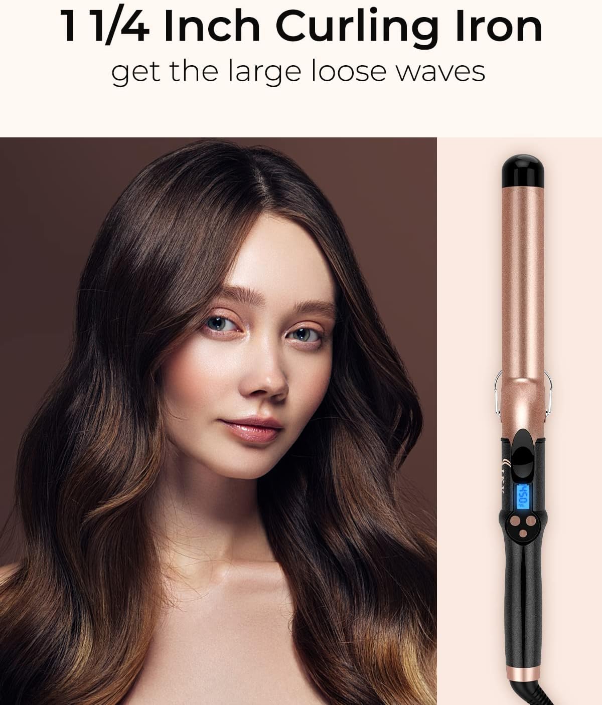 1 1/4 Inch Extra Long Barrel Curling Iron, Ceramic Tourmaline Curling Wand Professional Dual Voltage