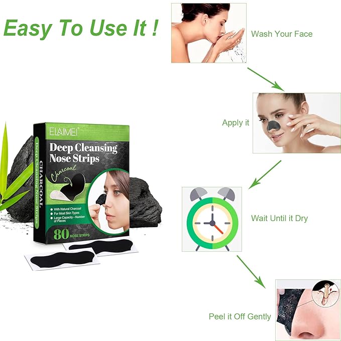 Pore Strips,Natural Charcoal Blackhead Strips for All Skin Type,Nose Strips for Blackheads,Charcoal Pore Cleansing Strips,Black Heads Strip,Nose Blackhead Remover Strip,Blackhead Remover for Face