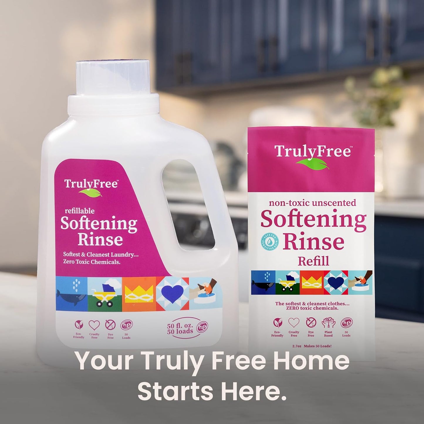 Truly Free Fabric Softening Conditioner for Clothes| Safe for Babies & Kids with Sensitive Skin | Plant-Based | Include 1 Refillable 50oz Bottle with Measuring Cap| Unscented Rinse(50 Loads)