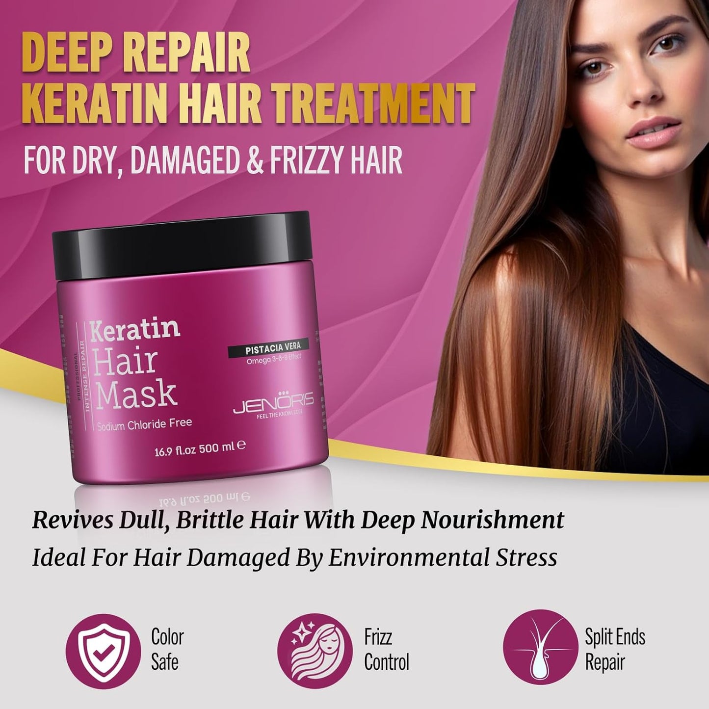 Jenoris Keratin Hair Mask for Dry, Damaged & Frizzy Hair – Deep Conditioning Treatment with Natural Omega 3-6-9 Complex & Pistachio Oil, Salon-Professional, Paraben & SLS Free, 16.9 Fl Oz