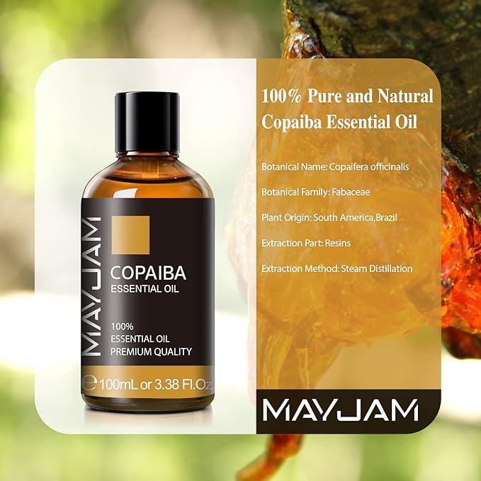 Copaiba Essential Oil, MAYJAM Pure Essential Oils for Diffusers, 3.38FL.OZ/100ML Large Volume Copaiba Oil with Premium Glass Dropper