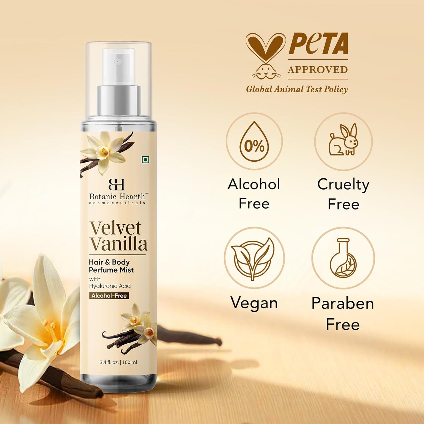 Botanic Hearth Velvet Vanilla Hair & Body Perfume Mist with Hyaluronic Acid, Alcohol-Free Formula, Long Lasting Fresh Vanilla Scent, Lightweight Body Spray for Women & Men, 3.4 fl oz / 100 ml