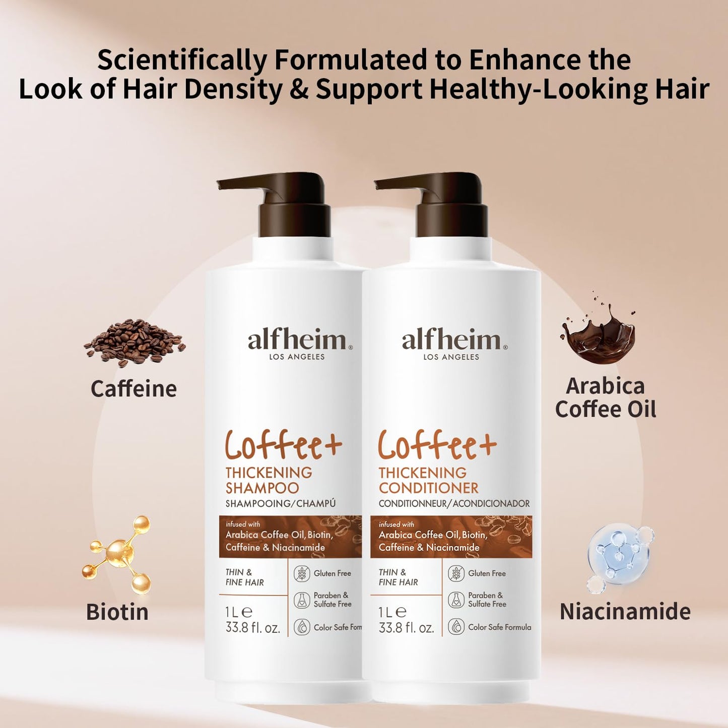 ALFHEIM Coffee+ Thickening Shampoo & Conditioner Set for Fine, Thin & Weak Hair with Caffeine, Biotin & Arabica Coffee Oil – Strengthening, Moisturizing & Volumizing Duo – Sulfate-Free – 33.8 oz × 2