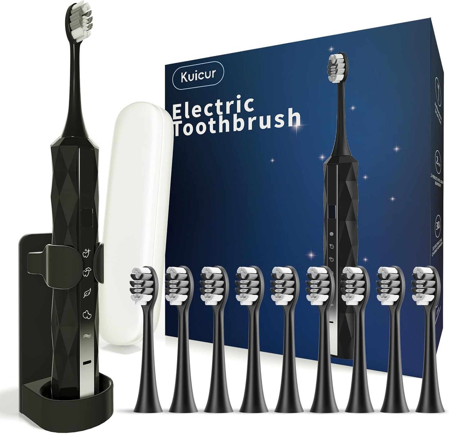 Diamond Style - Sonic Electric Toothbrush for Adults and Kids, Comes with 10 Brush Heads & Travel Case, 5 Modes with 2 Minutes Built in Smart Timer, One Charge for 90 Days, 42,000 VPM Motor (Black)