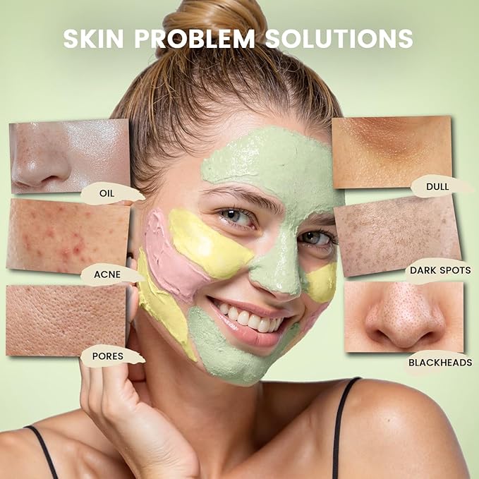 Turmeric Clay Mask, Rose Face Mask & Green Tea Mud Mask 12 PCS - Spa Facial Mask Set Gift for Women & Men, Skin Care Set for Deep Cleansing, Moisturizing, and Refining Pores