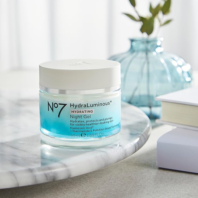 No7 HydraLuminous+ Hydrating Night Gel Moisturizer - Hyaluronic Acid and Vitamin B3 Niacinamide Face Moisturizer to Hydrate, Protect & Refresh Skin - Supports Skin Barrier Repair (1.69 Fl Oz)