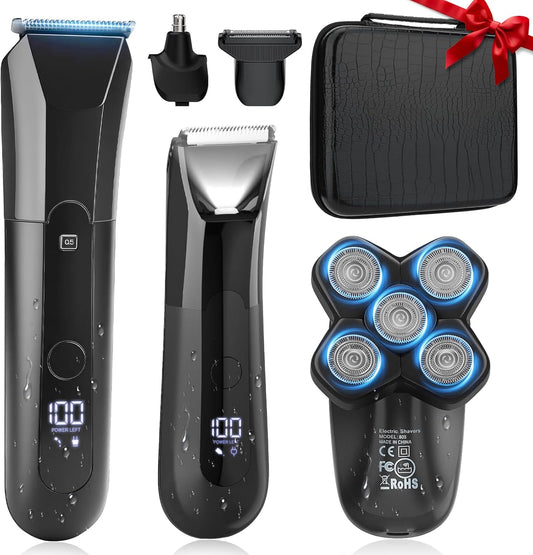 Beard Trimmer for Men Groin & Body Hair Trimmer, Nose & Ear Clipper Head Razors for Bald Men, 5 in 1 Waterproof Manscape Kit with Travel Case, LED Display, Grooming Kit Gift for Him