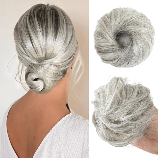 CJL HAIR 2PCs Small Cute Messy Bun Hair Piece for Thin Hair Women Mini Synthetic Curly Bun Scrunchies Updo Hairpieces Grey Multi