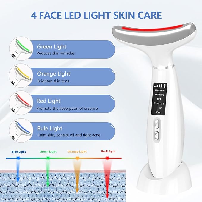 MASIKE Neck Face Beauty Device, Multifunctional Portable Facial Massager, 4 Color Led Face Neck Massager for Skin Care