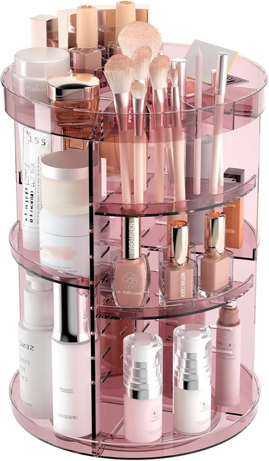 360 Rotating Makeup Organizer with Lipstick Slots, 8 Adjustable Layers Spinning Skincare Organizers, Large Capacity Desk Storage, Carousel Cosmetic Shelf for Vanity Bathroom Countertop