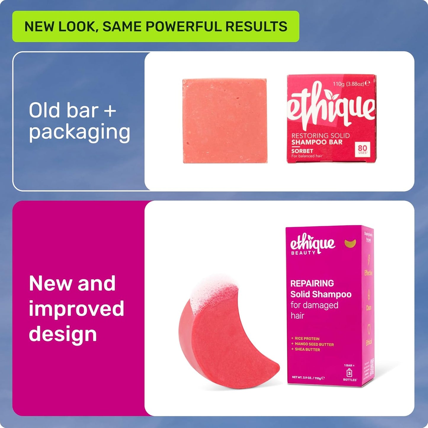 Ethique Rice Protein Repairing Shampoo Bar for dry, damaged hair - Plastic-Free, Vegan, Cruelty-Free, 3.88 oz - Formerly Sorbet