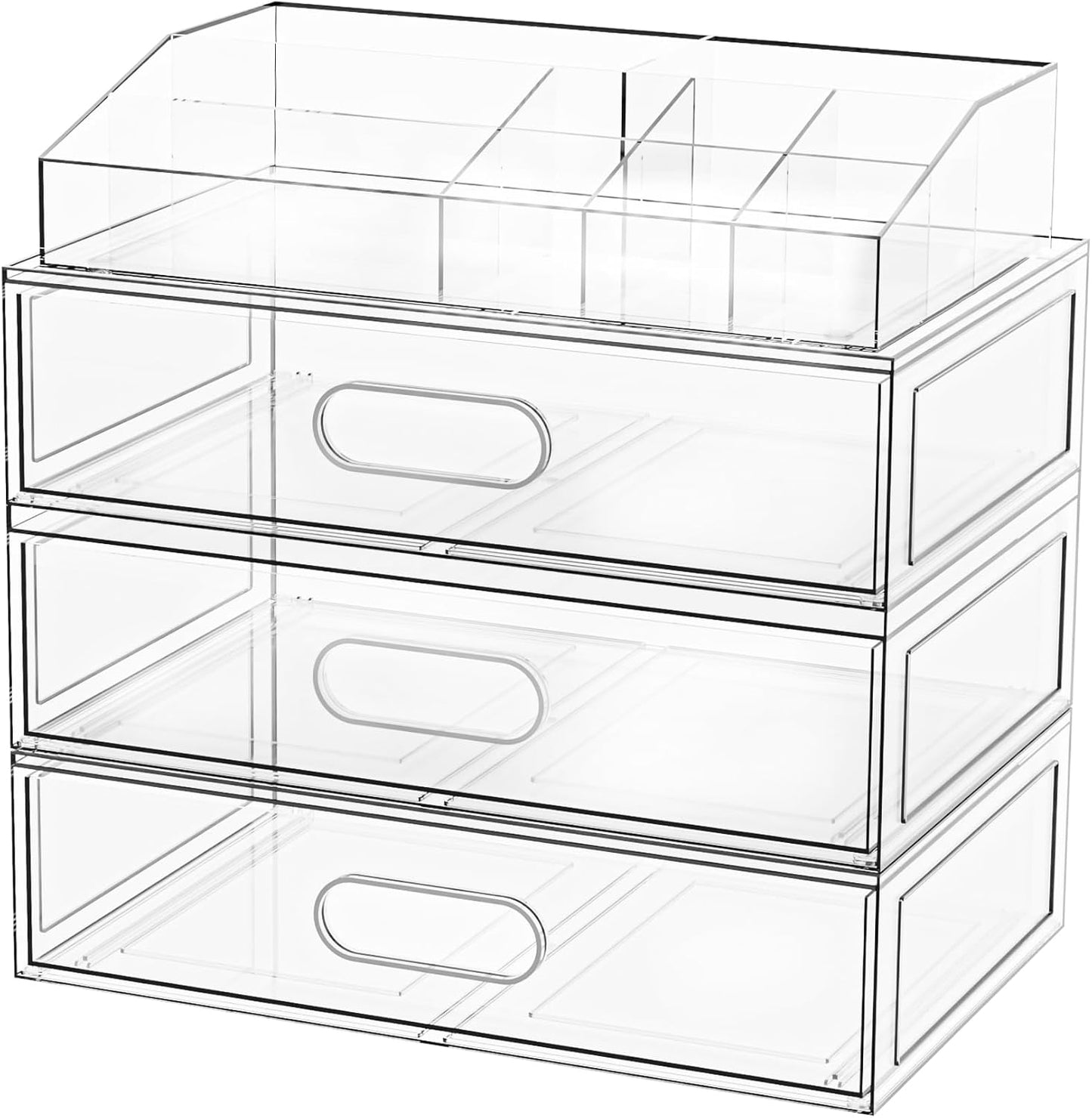 Clear Stackable Makeup Organizer with Drawer, 12''W Acrylic Storage Drawers, Cosmetic Display Case for Vanity Bathroom Countertop, Beauty Holder for Lipstick Brush Skincare Perfume (4 Pack)