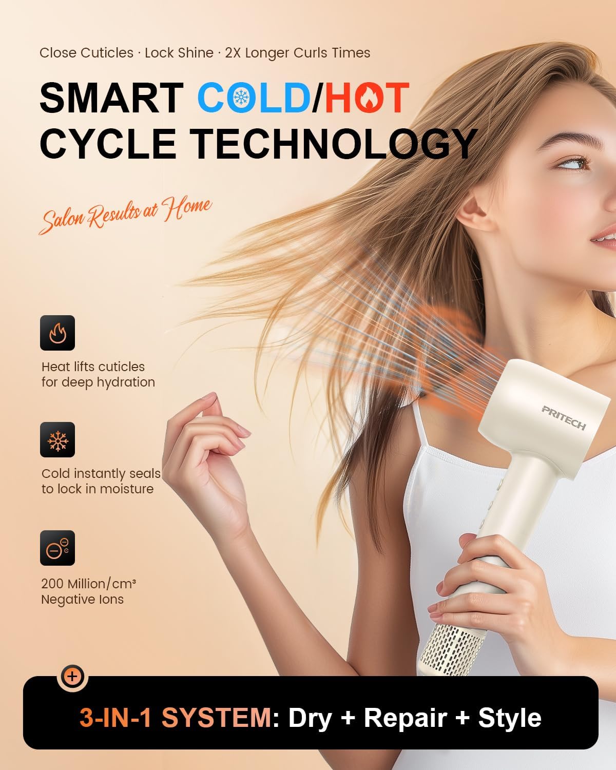 PRITECH Professional Hair Dryer with Diffuser - 1600W High-Speed 110,000 RPM Brushless Motor, Negative Ion Technology & Quiet Operation, 5 Temp 3 Speed Settings, Includes Concentrator Nozzle