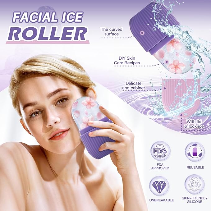 Ice Roller for Face & Eye, Facial Beauty Tool with Gua Sha Massage, Silicone Ice Mold (Purple)