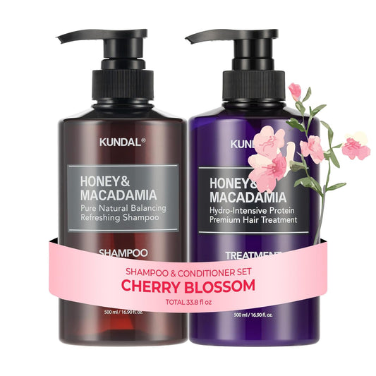 KUNDAL Korean Shampoo and Conditioner Set [Cherry Blossom] Salon-quality, Long Lasting Scent, Moisturizing, Sulfate-Free, Argan & Macadamia Oil, Korean Hair care, For all hair types, 16.9 fl oz each